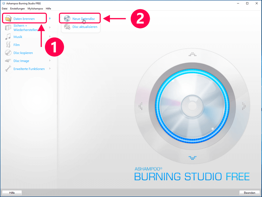 Ashampoo Burning Studio Free Daten Brennen auswählen